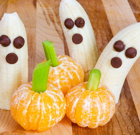 banana ghosts and mandarin orange 'pumpkins'