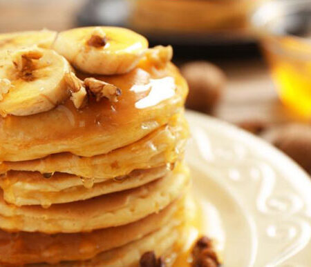 stack of banana nut pancakes