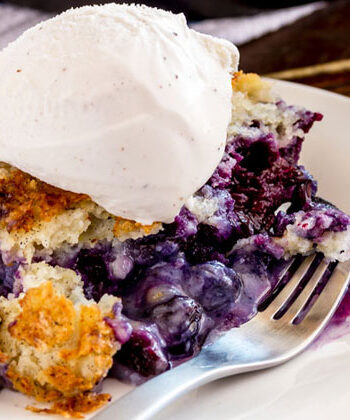 Slice of blueberry pie with vanilla ice cream