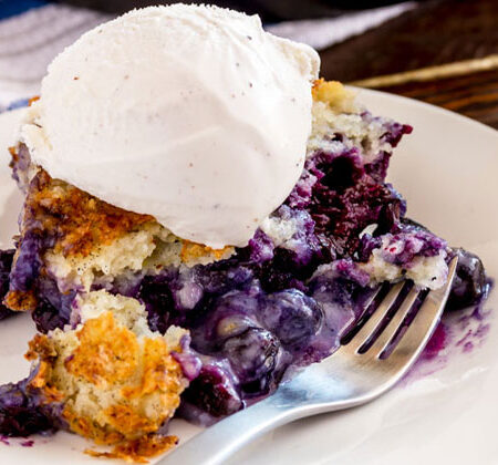 Slice of blueberry pie with vanilla ice cream