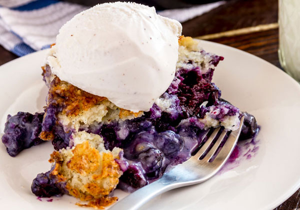 Slice of blueberry pie with vanilla ice cream