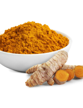Fresh turmeric root next to a bowl of turmeric powder.