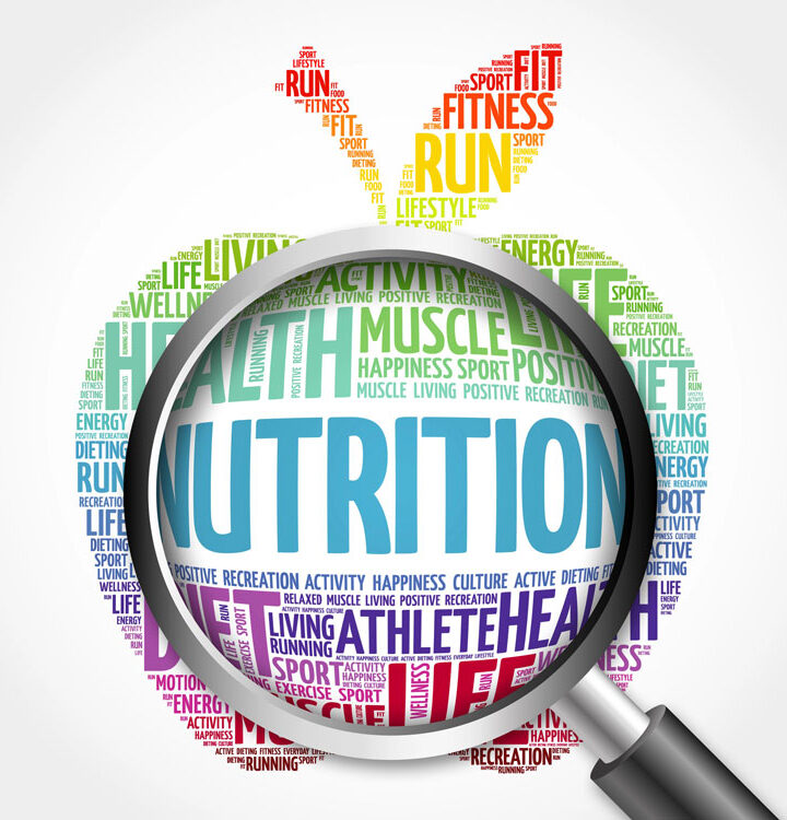 Colorful graphic apple filled with words that represent nutrition and health.