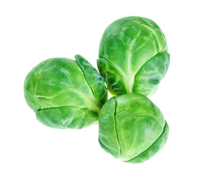 Three Brussels Sprouts on a white background.