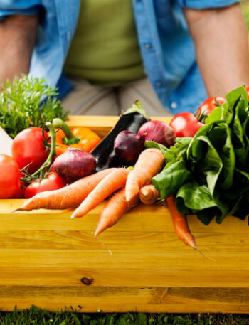 Person kneeling behind a bin filled with vegetables.