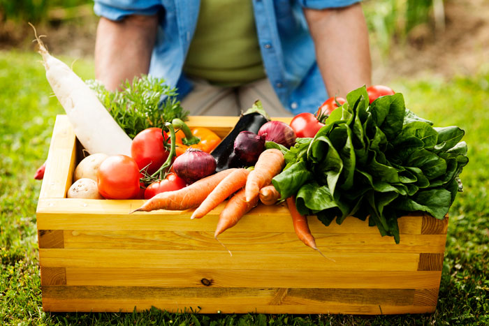 Person kneeling behind a bin filled with vegetables.