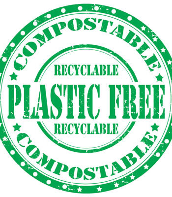 Compostable, plastic free, recyclable green graphic.