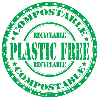 Compostable, plastic free, recyclable green graphic.