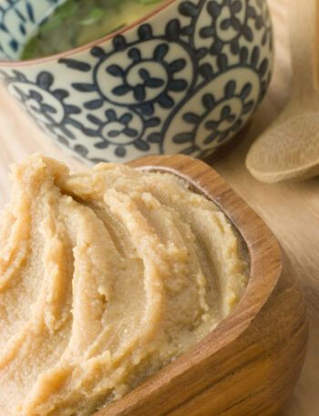 Miso paste in a wooden bowl.