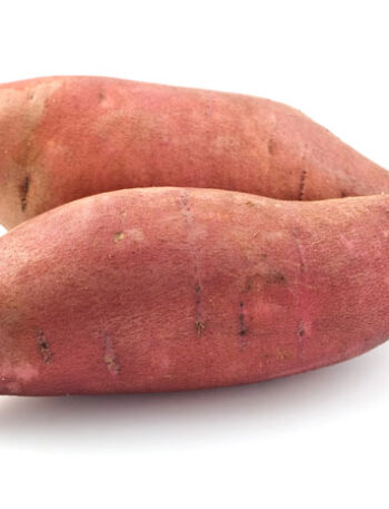 Two whole sweet potatoes on a white background.