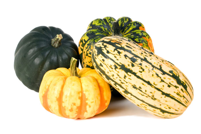 Various winter squash with a white background.