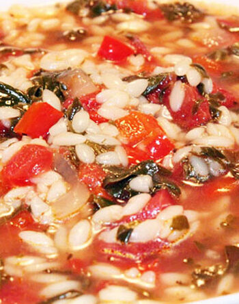 Bowl of Greek-Inspired Spinach and Orzo Soup.