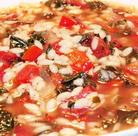 Bowl of Greek-Inspired Spinach and Orzo Soup.
