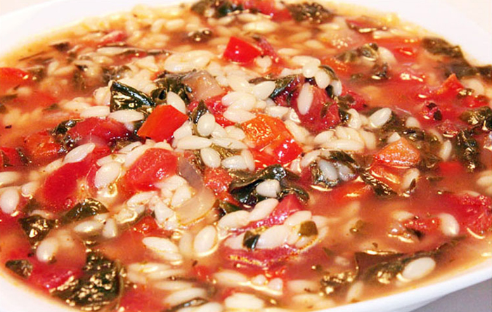 Bowl of Greek-Inspired Spinach and Orzo Soup.