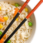 Bowl of homemade vegan cup noodles with chopsticks.