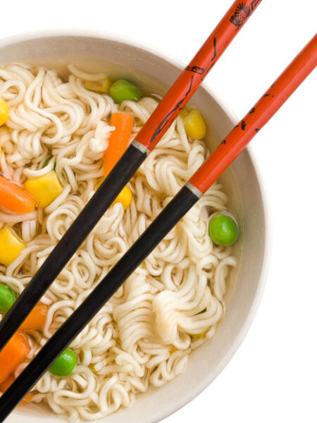 Bowl of homemade vegan cup noodles with chopsticks.