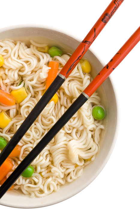 Bowl of homemade vegan cup noodles with chopsticks.