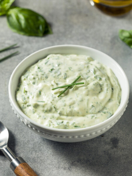 Bowl of herb mayonnaise.