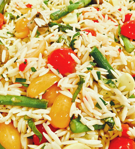 Close up of Lemon Vegetable Orzo Salad.