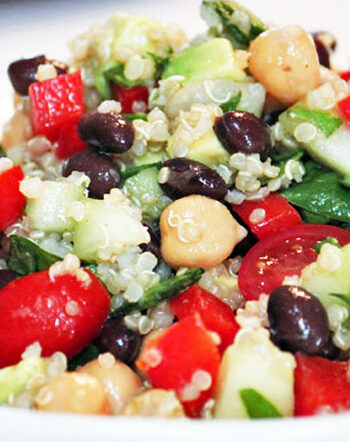 Close up of a Southwest Quinoa Salad in a white bowl.