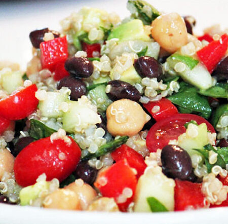 Close up of a Southwest Quinoa Salad in a white bowl.