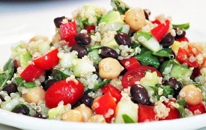 Close up of a Southwest Quinoa Salad in a white bowl.