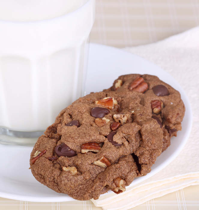 Two vegan double chocolate walnut cookies on a white plate with milk.