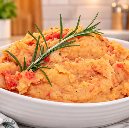 White serving bowl with Roasted Red Pepper Mashed Potatoes, and a sprig of rosemary garnish,