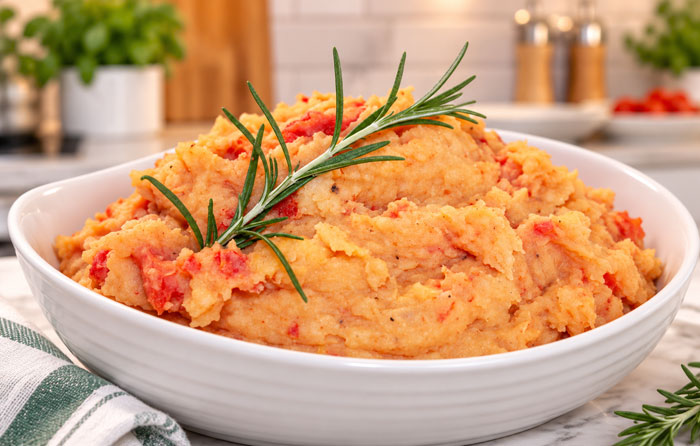 White serving bowl with Roasted Red Pepper Mashed Potatoes, and a sprig of rosemary garnish,